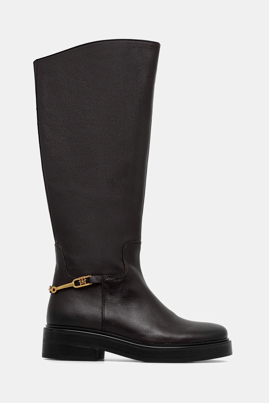 Кожаные сапоги Tommy Hilfiger TH HORSEBIT RIDING LONG BOOT цвет коричневый на плоском ходу FW0FW08863