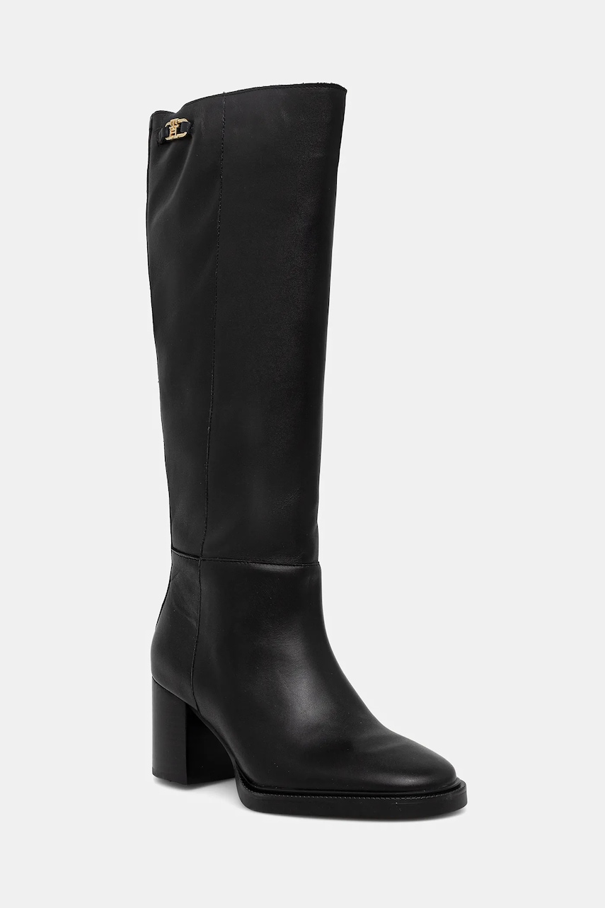 Kožené kozačky Tommy Hilfiger STACKED HEEL LEATHER LONG BOOT dámské, černá barva, na podpatku, FW0FW08865