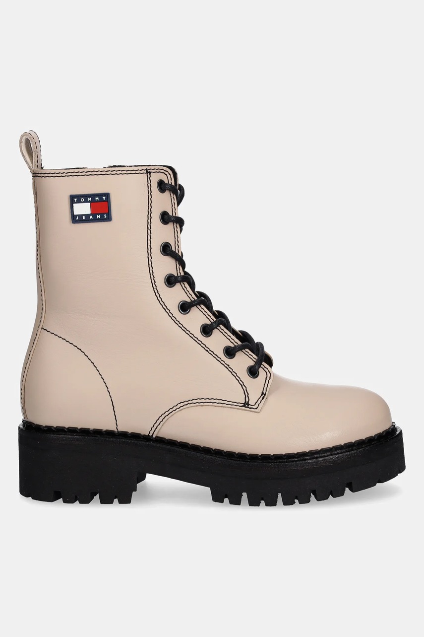Кожаные полусапоги Tommy Jeans TJW URBAN LACE UP BOOT цвет бежевый на плоском ходу EN0EN02907