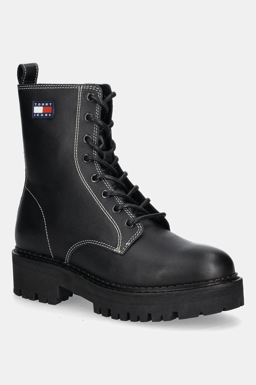Tommy Jeans bocanci de piele TJW URBAN LACE UP BOOT culoarea negru, cu toc plat, EN0EN02907