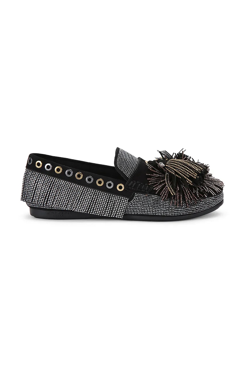 Kurt Geiger London mocasini din piele întoarsă Pom Pom Moccasin culoarea negru, cu toc plat, 4369500609
