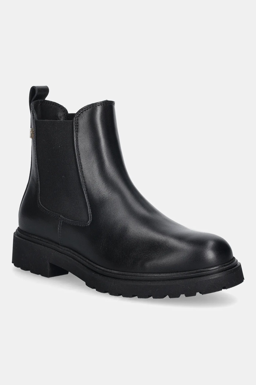 Levně Kožené kotníkové boty Tommy Hilfiger LEATHER CLEATED CHELSEA dámské, černá barva, na plochém podpatku, FW0FW08766