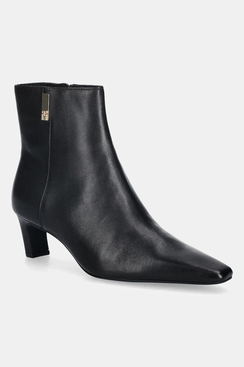 Levně Kožené kotníkové boty Tommy Hilfiger SQUARE TOE KITTEN BOOTIE dámské, černá barva, na podpatku, FW0FW08768