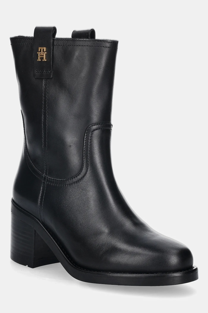 Levně Kožené kotníkové boty Tommy Hilfiger RIDING LTHR MID BOOT BLOCK HEEL dámské, černá barva, na podpatku, FW0FW08776