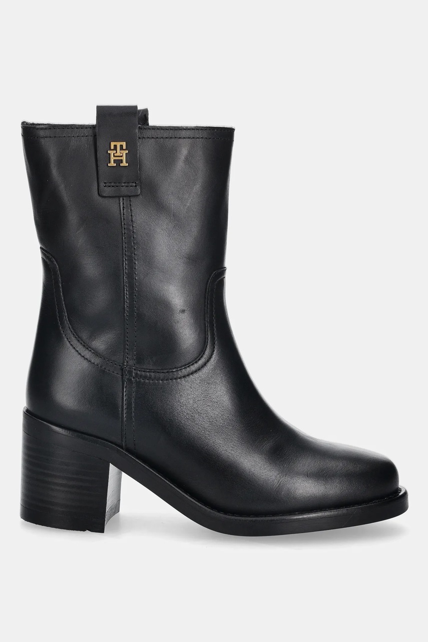 Кожаные полусапожки Tommy Hilfiger RIDING LTHR MID BOOT BLOCK HEEL цвет чёрный каблук кирпичик FW0FW08776