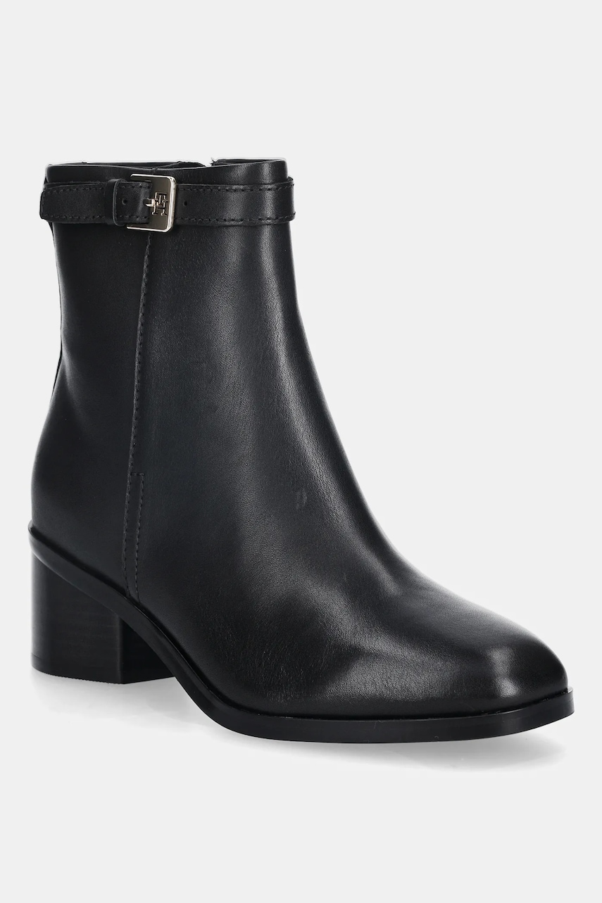 Levně Kožené kotníkové boty Tommy Hilfiger TH BUCKLE RIDING MID HEEL BOOTIE dámské, černá barva, na podpatku, FW0FW08859