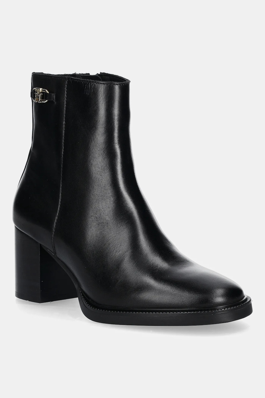 Levně Kožené kotníkové boty Tommy Hilfiger STACKED HEEL LEATHER ANKLE BOOT dámské, černá barva, na podpatku, FW0FW08864