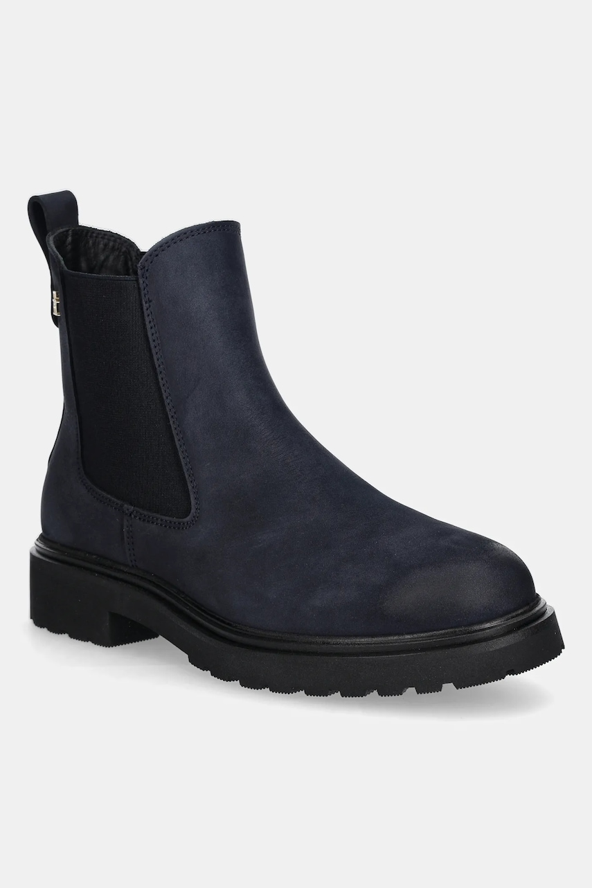 Levně Nubukové kotníkové boty Tommy Hilfiger TH NUBUCK CLEATED CHELSEA dámské, tmavomodrá barva, na platformě, FW0FW09041