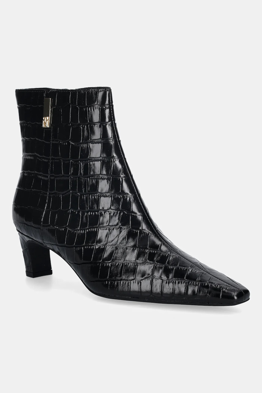 Levně Kožené kotníkové boty Tommy Hilfiger TH SQUARE TOE CROC KITTEN BOOTIE dámské, černá barva, na podpatku, FW0FW09162