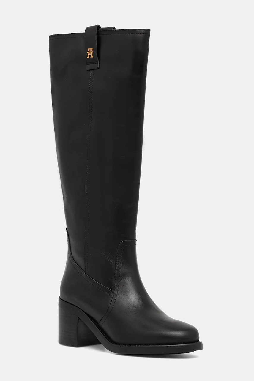 Levně Kožené kozačky Tommy Hilfiger RIDING LTHR LONG BOOT BLOCK HEEL dámské, černá barva, na podpatku, FW0FW08777