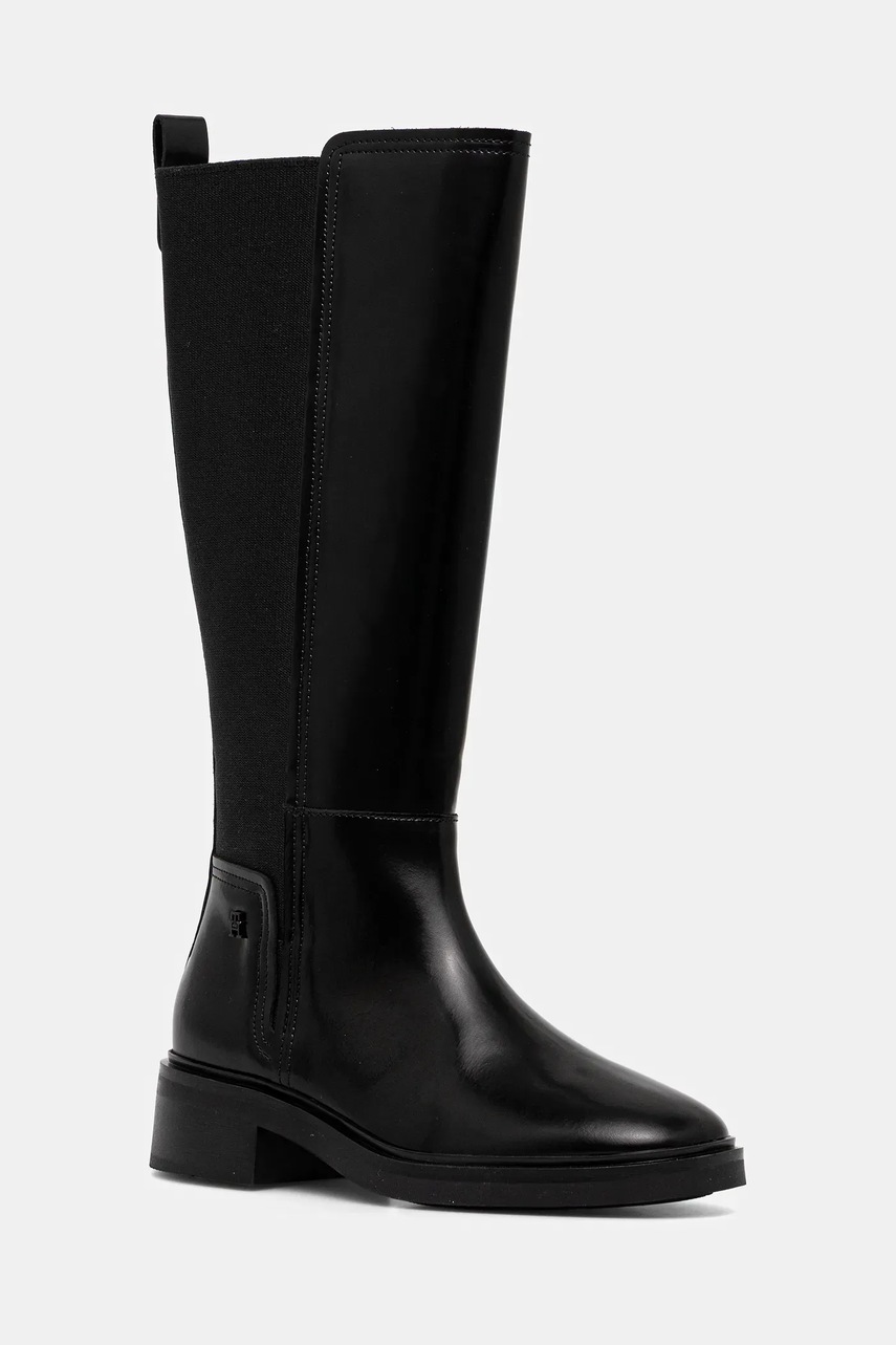 Levně Kožené kozačky Tommy Hilfiger TH MINIMAL ABRASIVATO LONG BOOT dámské, černá barva, na podpatku, FW0FW08979