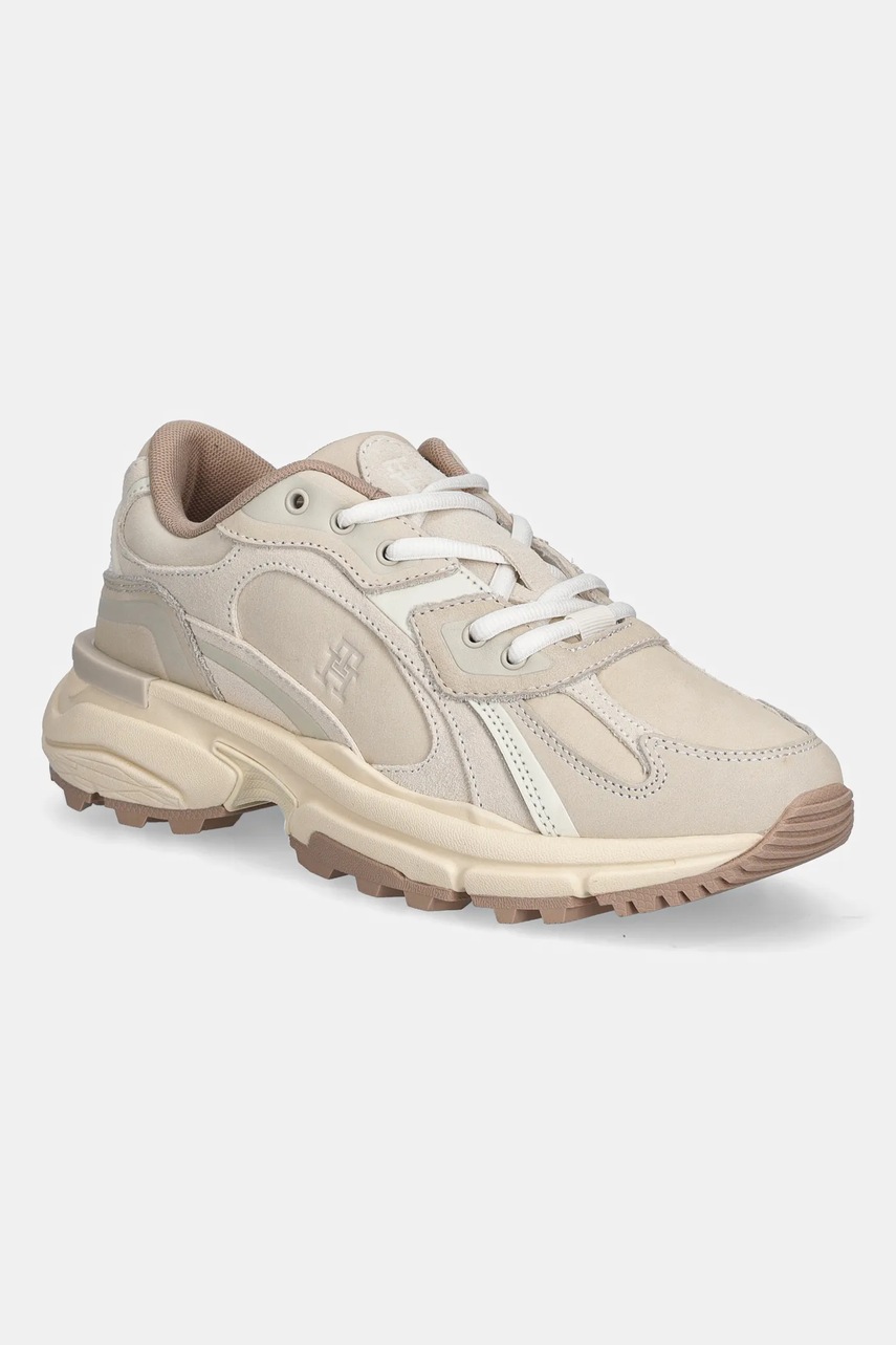 Levně Kožené tenisky Tommy Hilfiger SPORTY PREMIUM RUNNER dámské, béžová barva, FW0FW08841