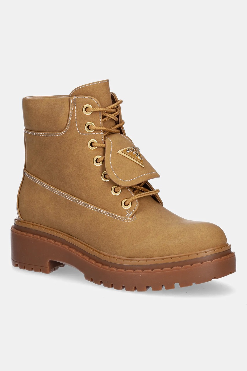 Levně Farmářky Guess LEAVEY dámské, hnědá barva, na plochém podpatku, FLTLVY ELE10