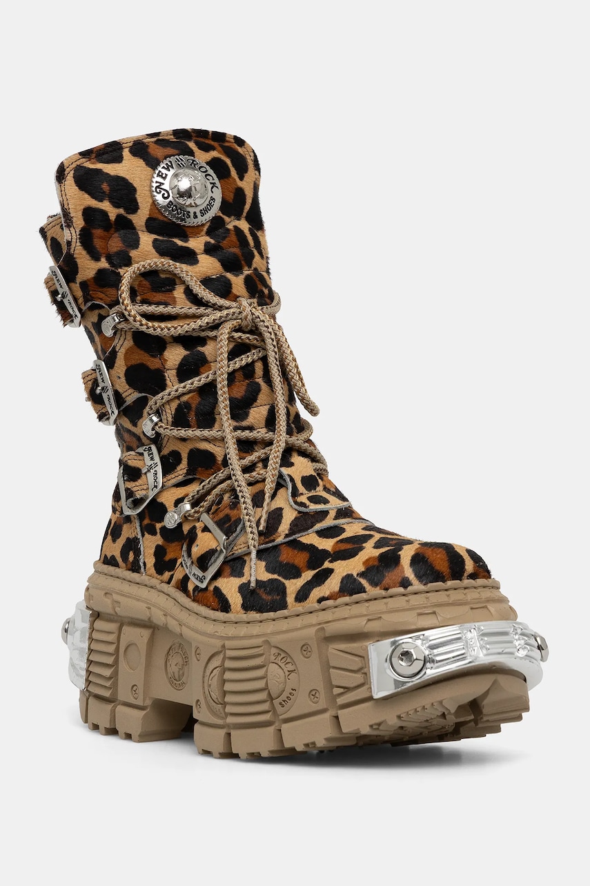 New Rock bocanci de piele PELO LEOPARDO CUERO culoarea maro, cu platformă, M-WALL373-C5