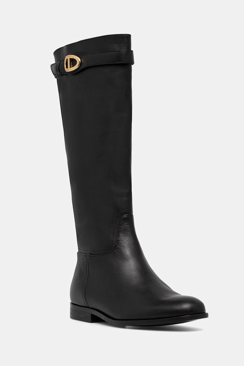 Levně Kožené kozačky Twinset dámské, černá barva, na plochém podpatku, 252TCP19C