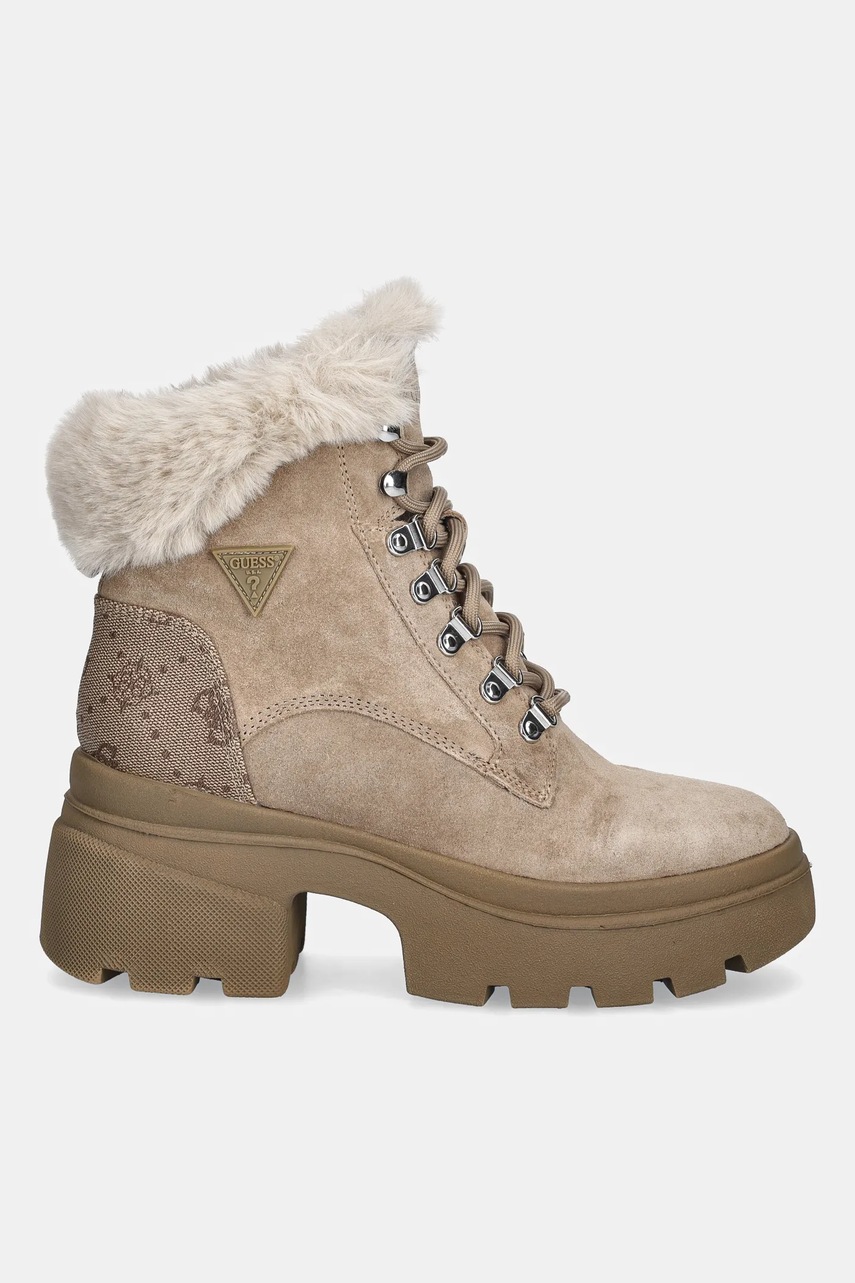 Замшевые ботинки Guess YARELI цвет бежевый каблук кирпичик слегка утеплённый FLFYRL SUE10