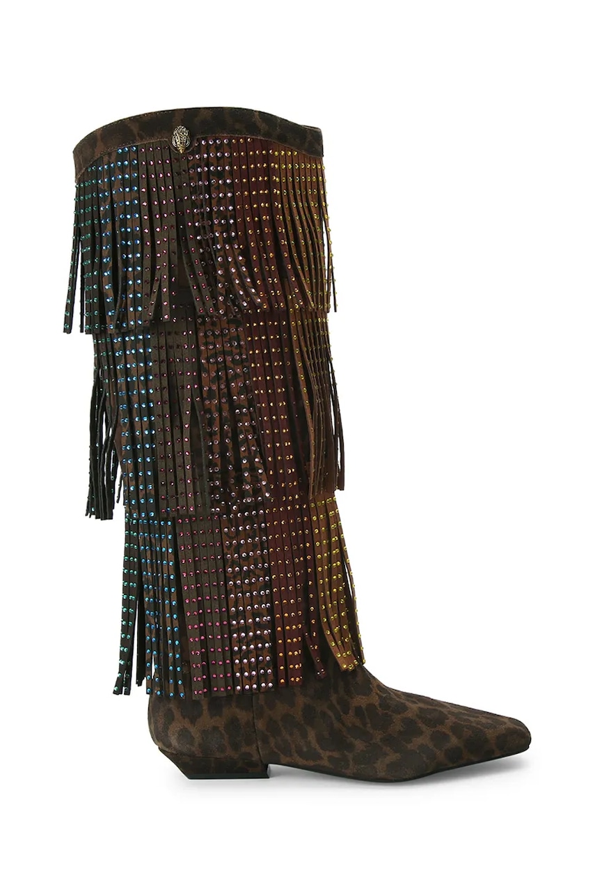 Kurt Geiger London cizme din piele întoarsă Western Fringe Pull On culoarea maro, toc mic, 5030035289