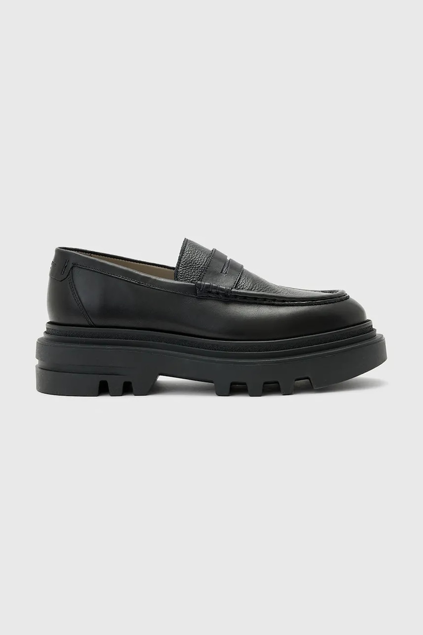 Levně Kožené mokasíny AllSaints BETH LTHR LOAFER dámské, černá barva, na plochém podpatku, W059FD