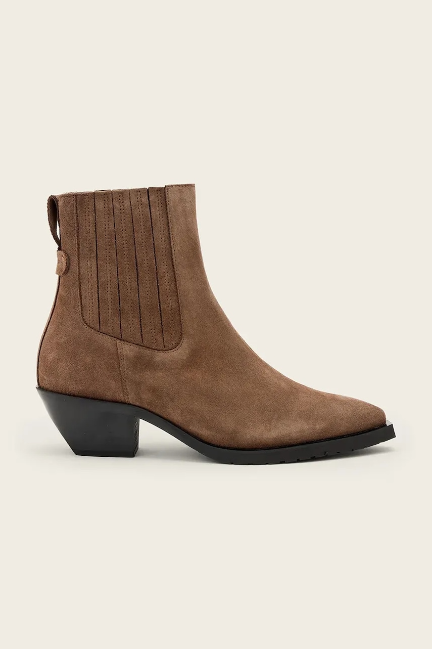 AllSaints botine din piele întoarsă MARCIE SUEDE BOOT culoarea maro, cu toc drept, W018FD