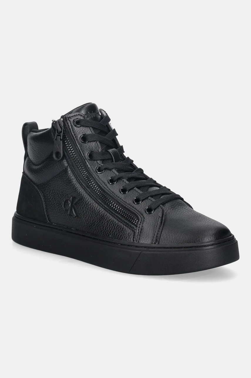 Levně Kožené tenisky Calvin Klein CLASSIC CUP MID LACEUP ZIP LTH pánské, černá barva, YM0YM01428
