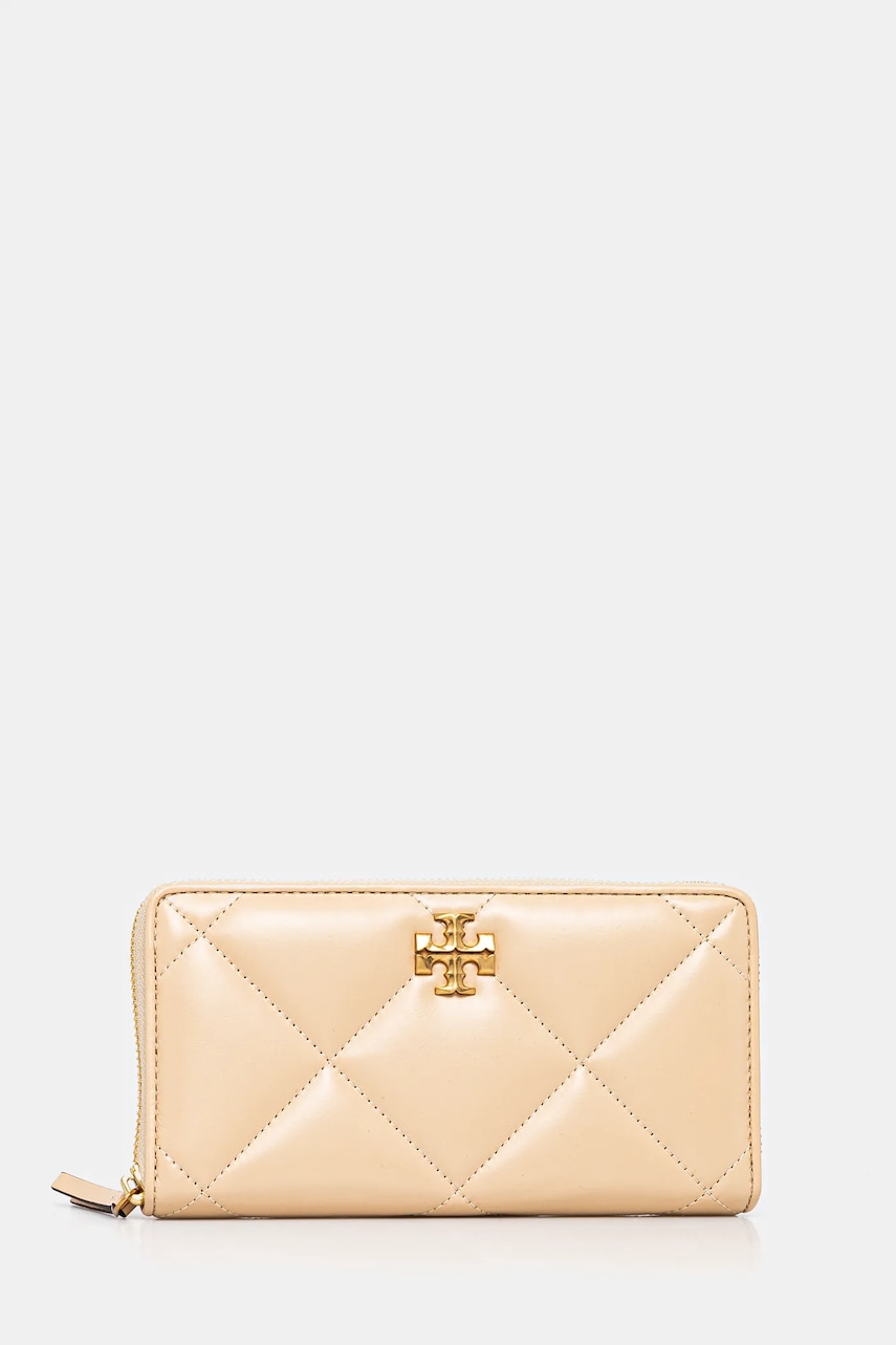 Tory Burch portofel de piele Kira Diamond Quilt culoarea bej, 154989-700
