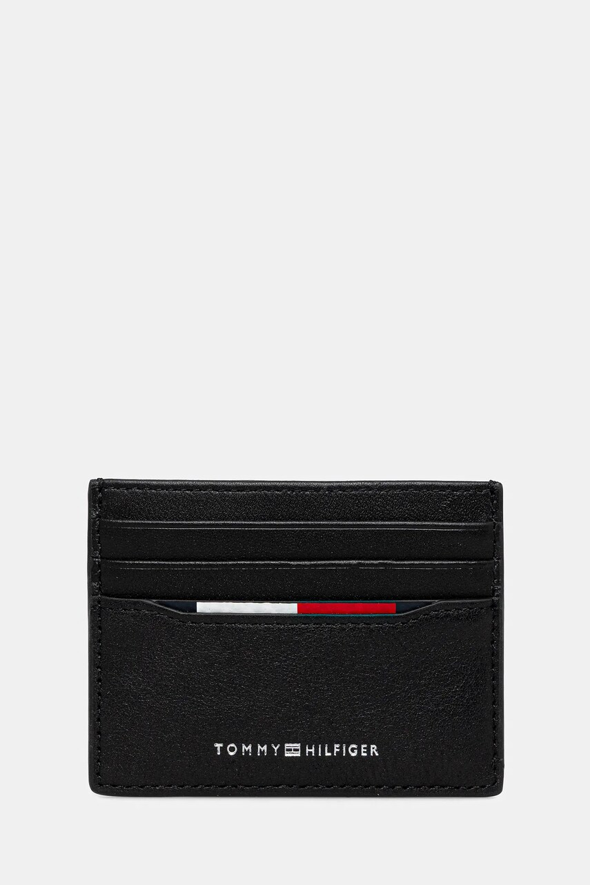 Levně Kožené pouzdro na karty Tommy Hilfiger černá barva, AM0AM13512