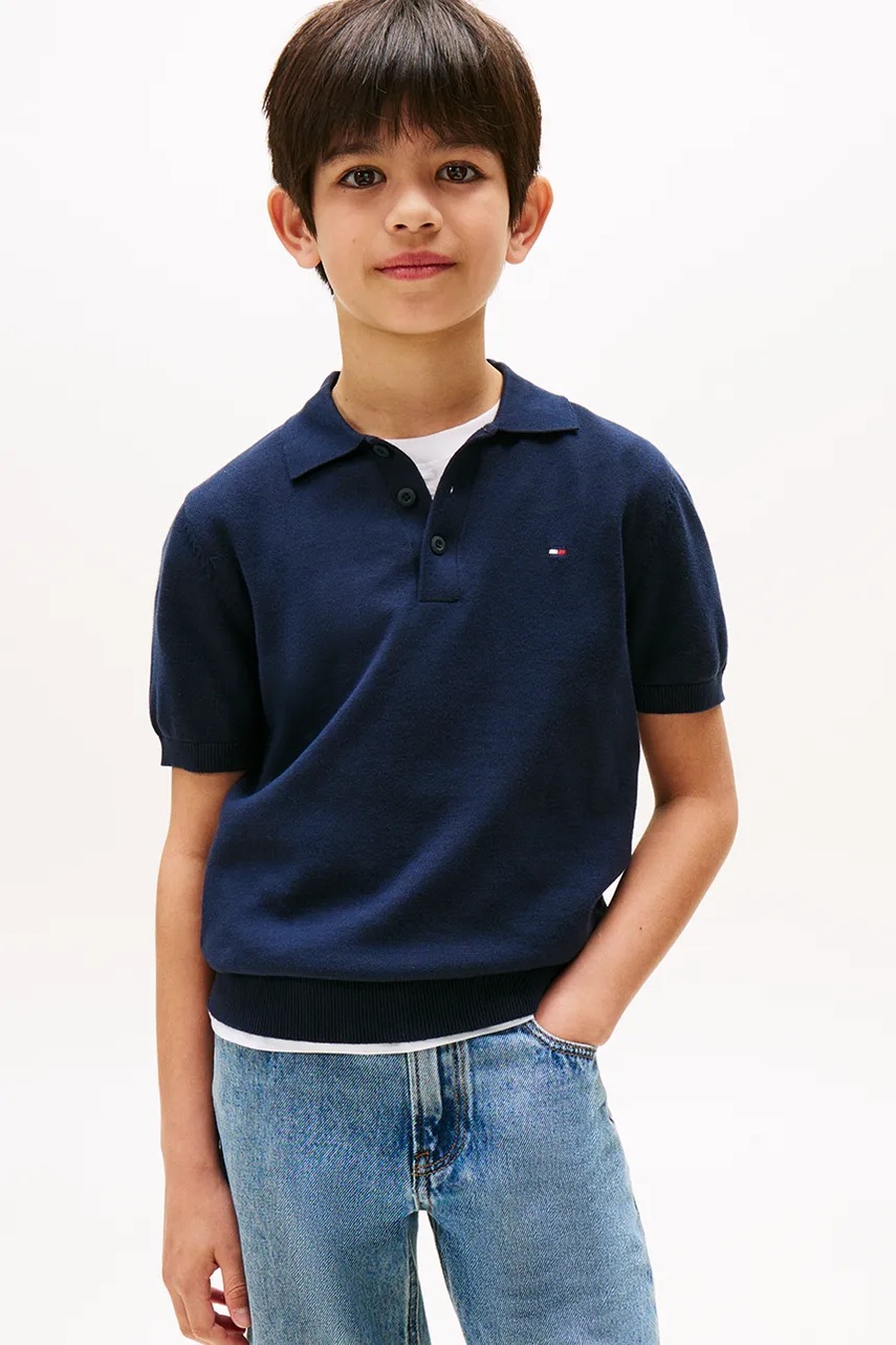 Levně Dětská bavlněná polokošile Tommy Hilfiger tmavomodrá barva, hladká, KB0KB09754