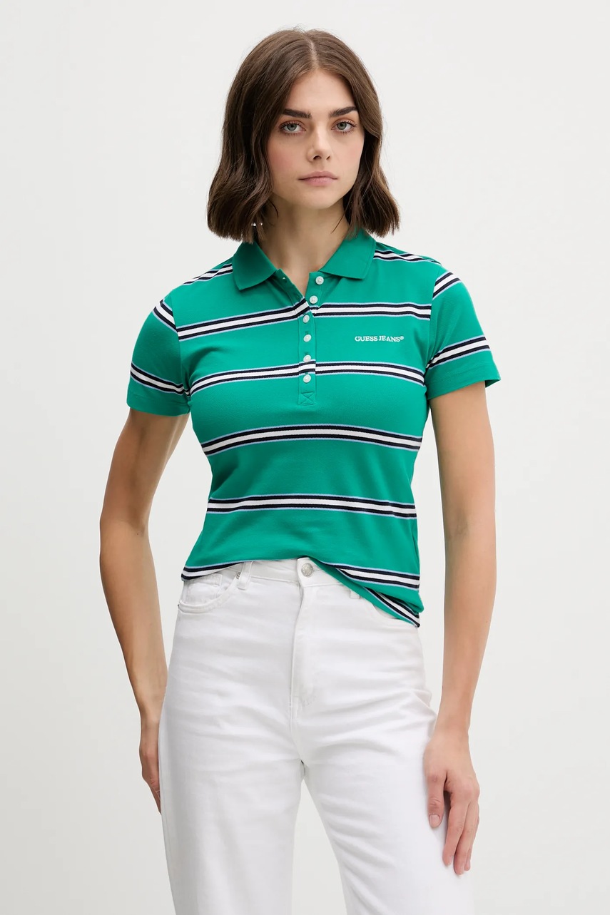 Levně Polo tričko Guess Jeans dámské, zelená barva, W5YP40 KCYR1
