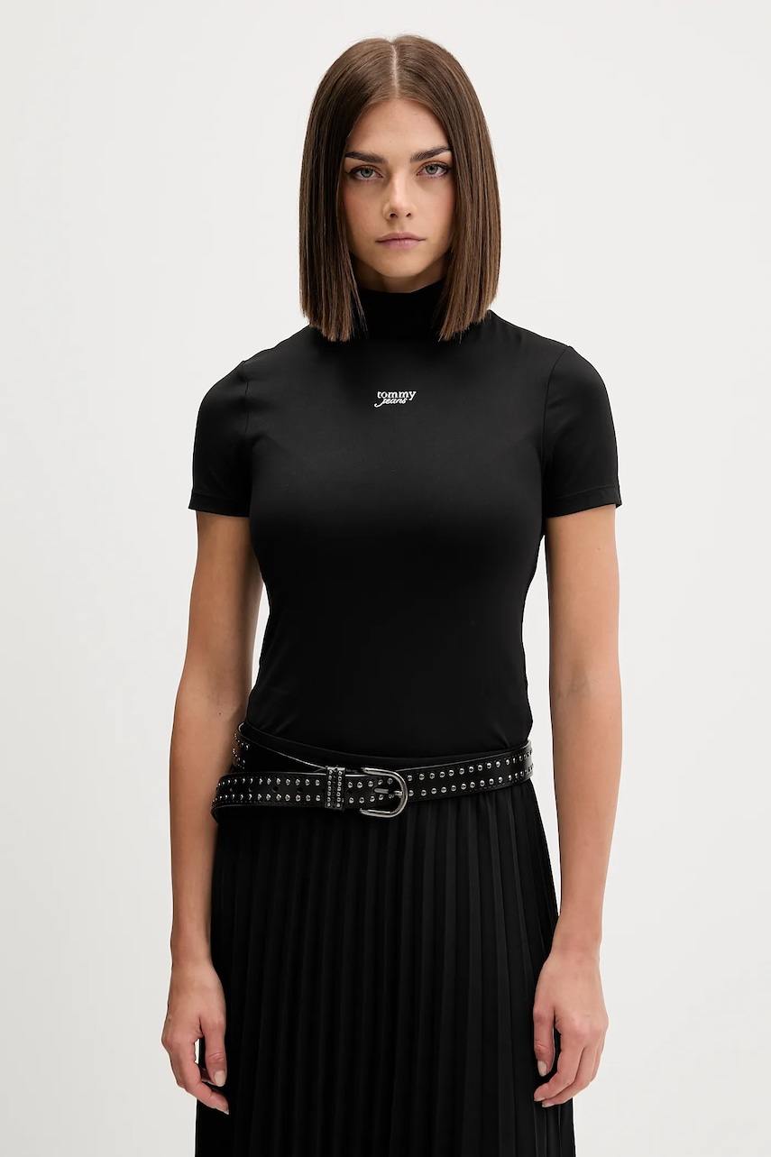 Levně Tričko Tommy Jeans dámské, černá barva, s pologolfem, DW0DW21563
