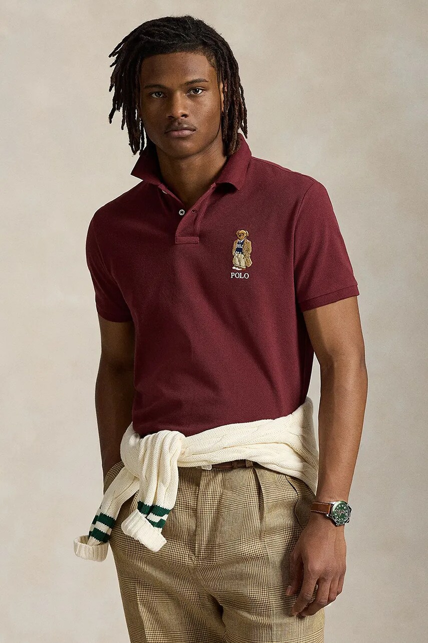 Levně Bavlněné polo tričko Polo Ralph Lauren Sskccmslm1 Short Sleeve pánské, vínová barva, 710973159