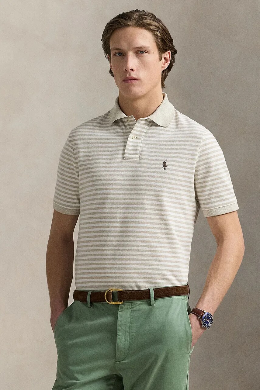 Levně Bavlněné polo tričko Polo Ralph Lauren pánské, béžová barva, 710974596
