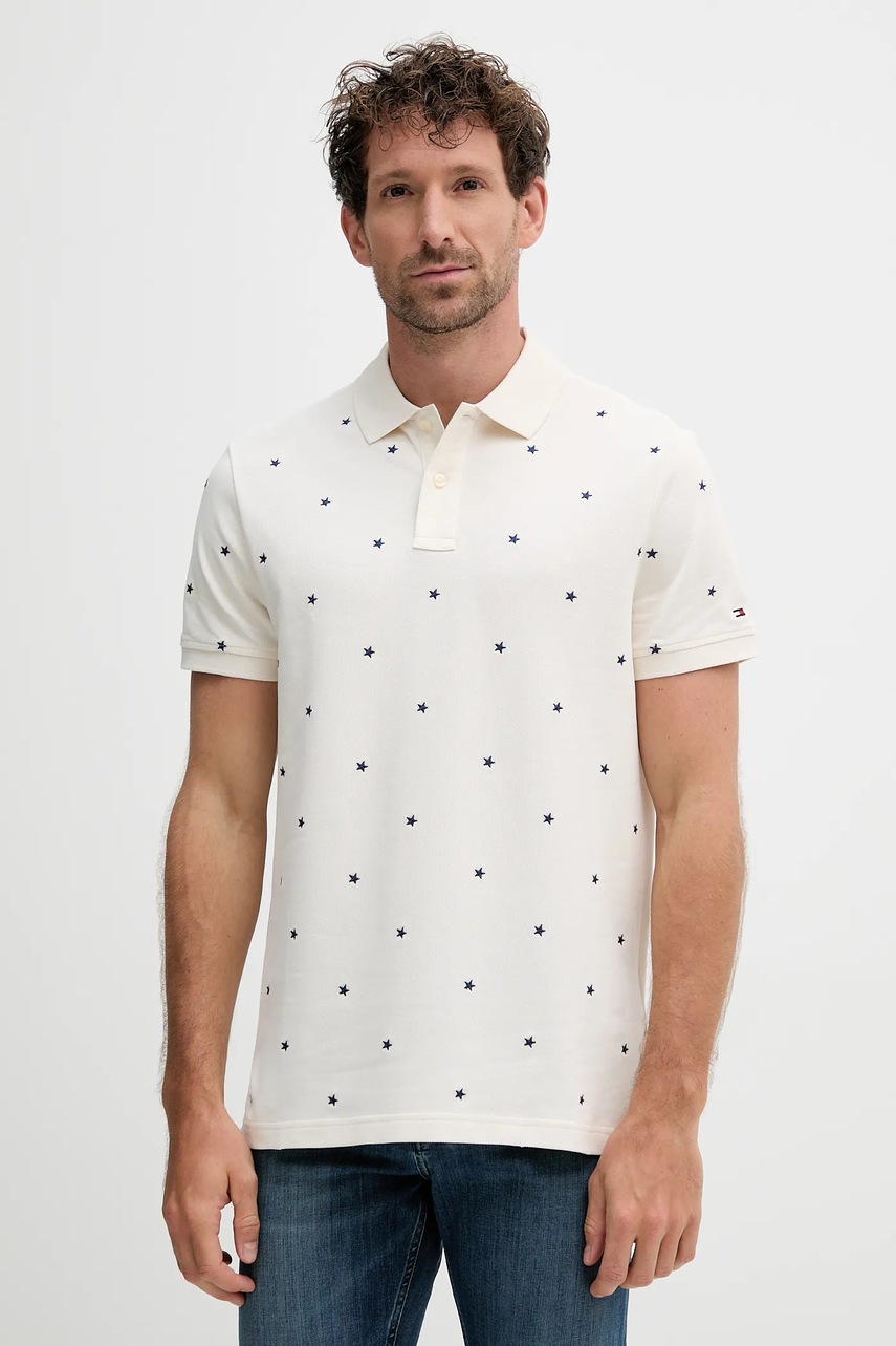 Levně Polo tričko Tommy Hilfiger pánské, béžová barva, s aplikací, MW0MW39835