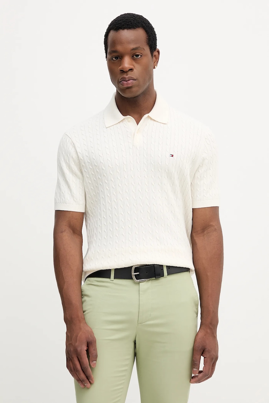 Levně Bavlněné polo tričko Tommy Hilfiger pánské, béžová barva, MW0MW40701