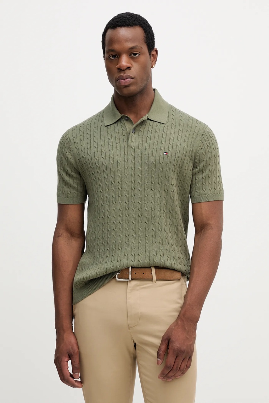 Levně Bavlněné polo tričko Tommy Hilfiger pánské, zelená barva, MW0MW40701