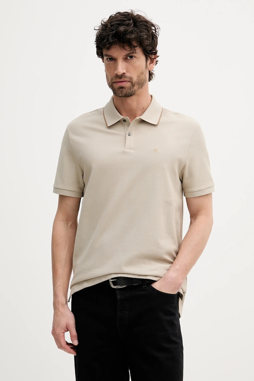 Levně Bavlněné polo tričko Calvin Klein pánské, béžová barva, LV04LC239G