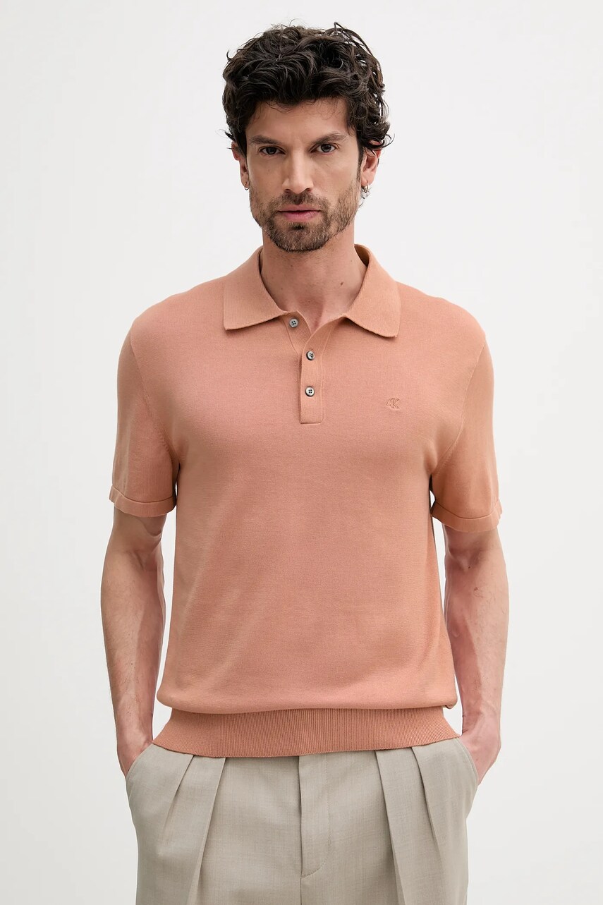 Levně Bavlněné polo tričko Calvin Klein pánské, oranžová barva, LV04LC326G