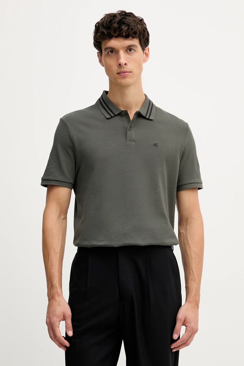 

Памучна тениска с яка Calvin Klein Jeans в бяло с принт LV04RC276G, Зелен