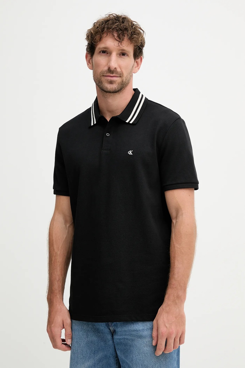 Levně Bavlněné polo tričko Calvin Klein Jeans pánské, černá barva, s potiskem, LV04RC276G