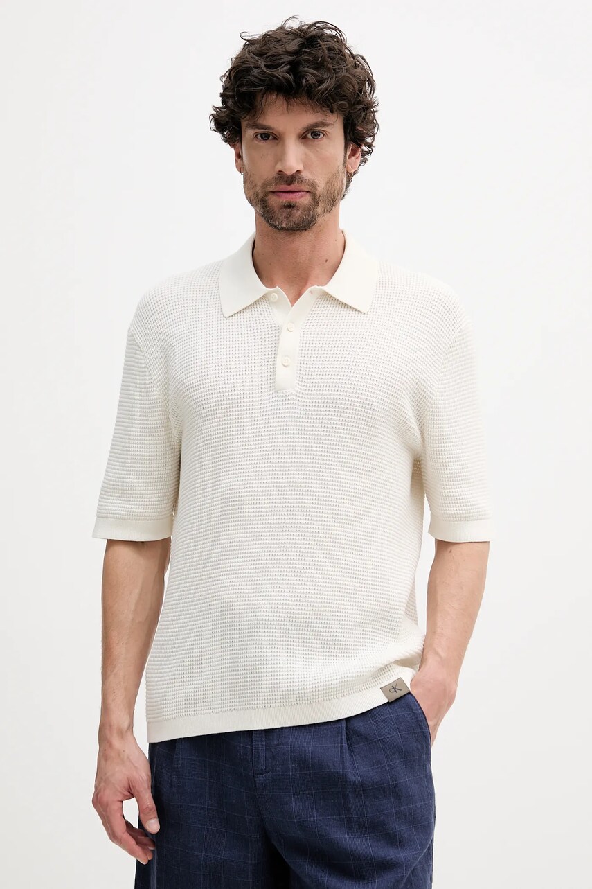 Levně Bavlněné polo tričko Calvin Klein Jeans pánské, béžová barva, LV04RC306G
