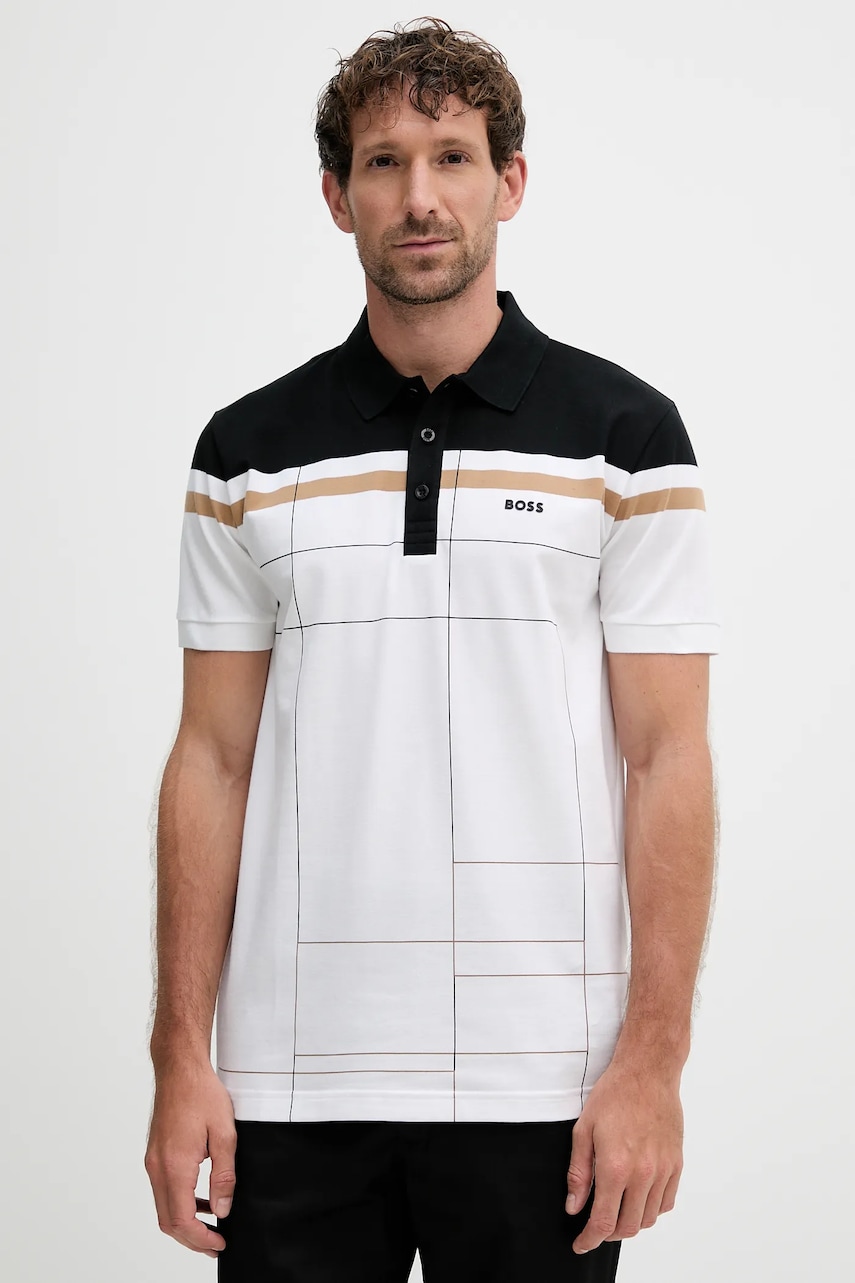 BOSS Green tricou polo culoarea alb, cu imprimeu, 50544477