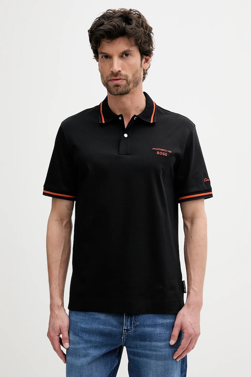 BOSS polo de bumbac culoarea negru, cu imprimeu, 50543257