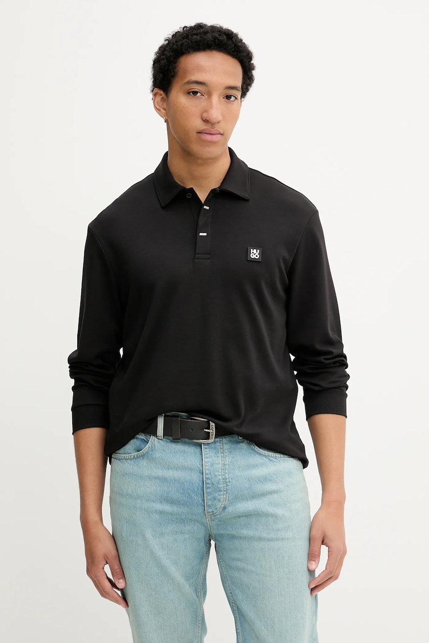 HUGO longsleeve din bumbac culoarea negru, uni, 50542578