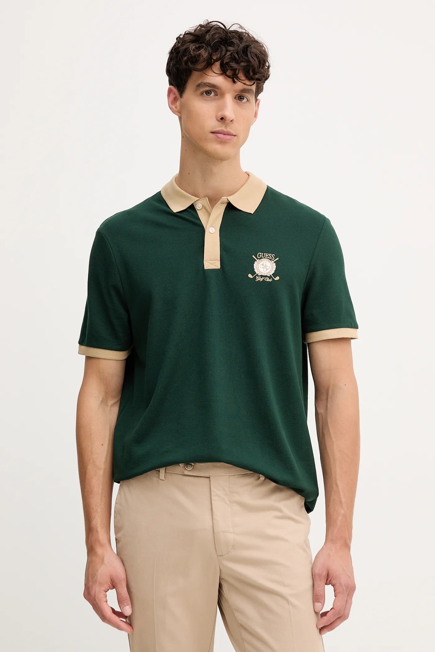 Levně Bavlněné polo tričko Guess pánské, zelená barva, s potiskem, M5YP03 KCJV1