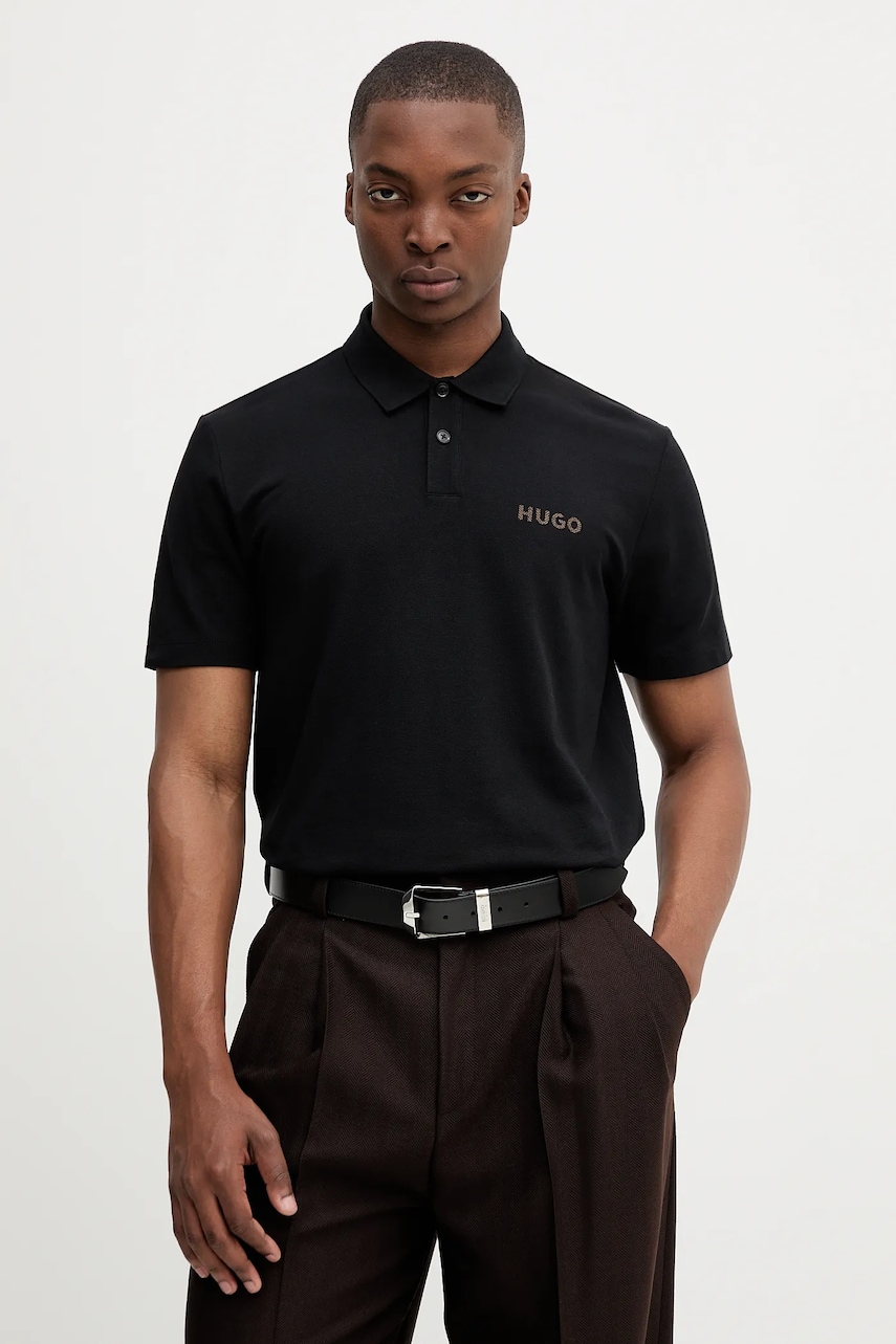 HUGO polo de bumbac culoarea negru, cu imprimeu, 50542830