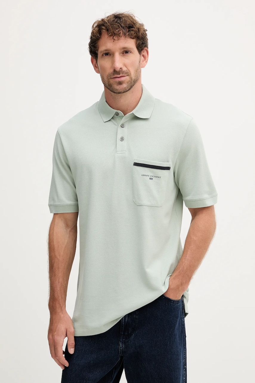 Armani Exchange polo de bumbac culoarea verde, cu imprimeu, XM000990 AF10366
