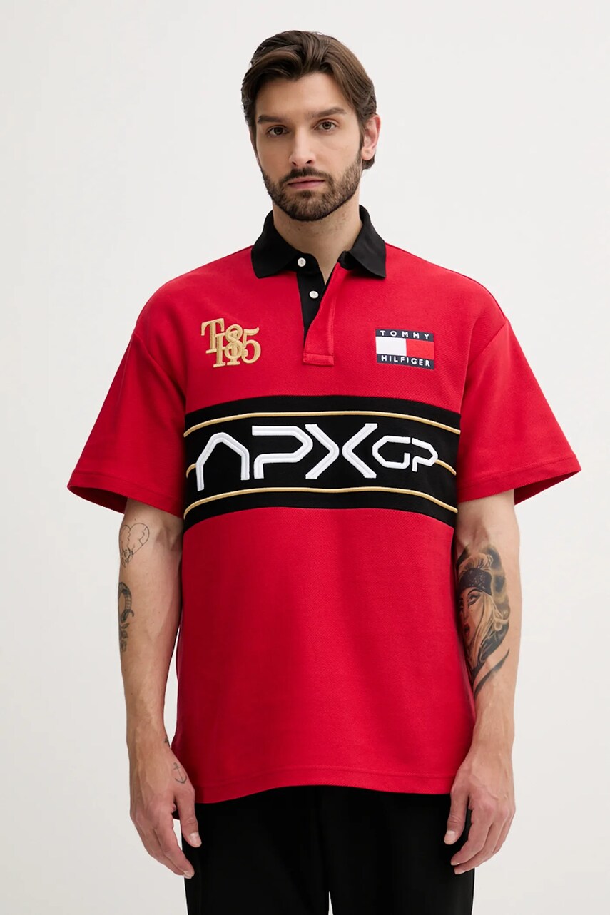 Levně Bavlněné polo tričko Tommy Hilfiger x F1 THE MOVIE pánské, červená barva, MW0MW41393