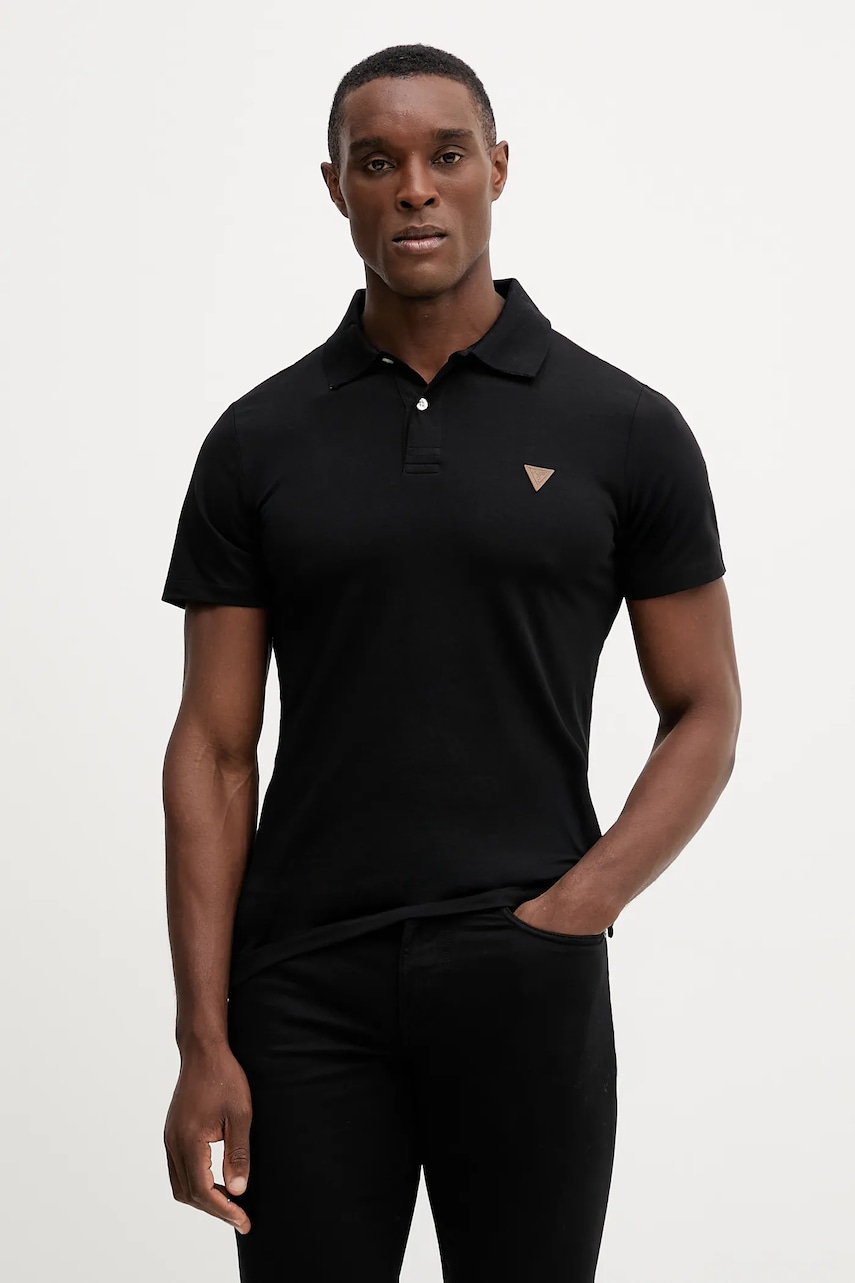 Levně Polo tričko Guess NOLAN pánské, černá barva, s aplikací, M5BP66 J1314