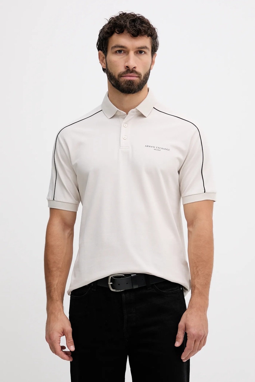 Levně Bavlněné polo tričko Armani Exchange pánské, béžová barva, XM001359 AF13026