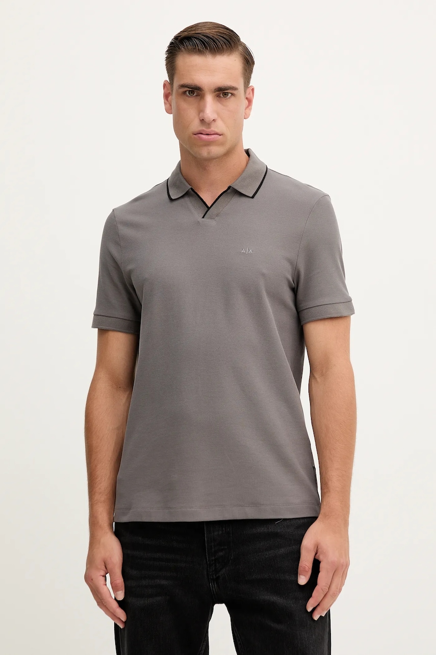 Levně Bavlněné polo tričko Armani Exchange pánské, šedá barva, s aplikací, XM001364 AF16261