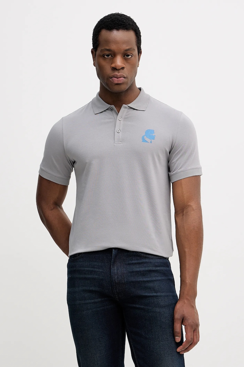 Karl Lagerfeld tricou polo culoarea gri, cu imprimeu, 554235.745401